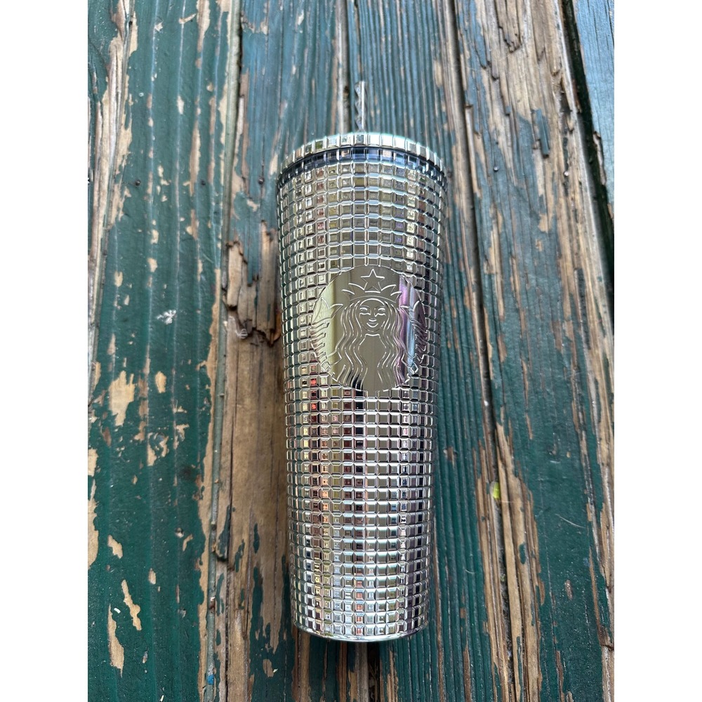 Starbucks Silver Disco Grid Tumbler 24oz Venti Cold Cup Mirror Finish Siren Logo